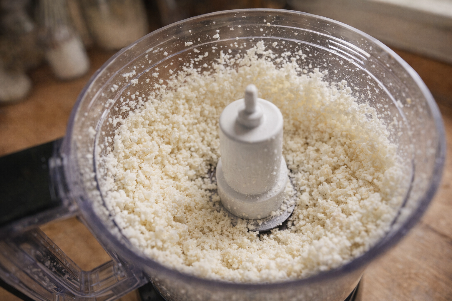 A close-up shot of cauliflower florets being pulsed in a food processor, creating a rice-like texture. Bright, overhead lighting